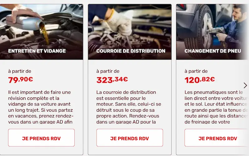 3 cartes avec un titre, un prix, un texte de 6 lignes, et avec le même intitulé de bouton "je prends RDV"